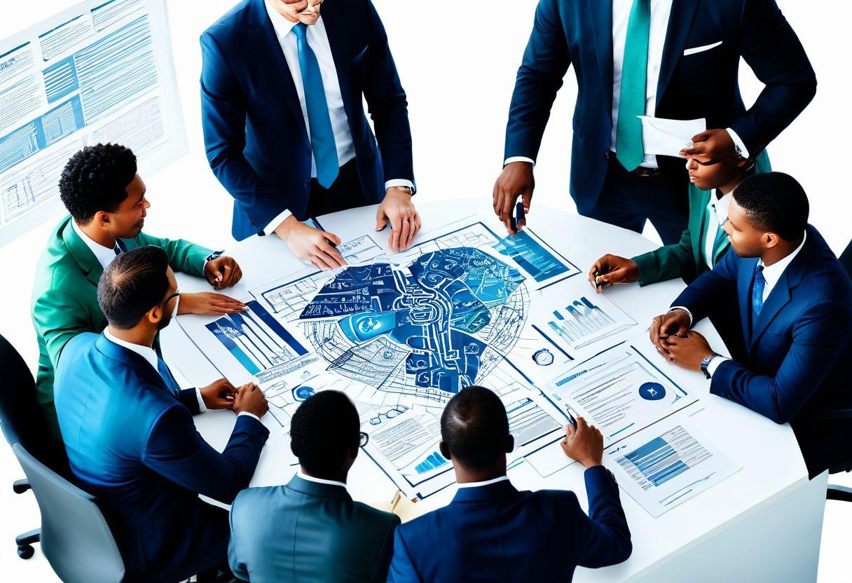 A visually engaging illustration of a diverse group of insurance brokers discussing various policy documents, with a large key symbol representing 'unlocking secrets' in the background. Include dynamic charts and graphs symbolizing comprehensive coverage. The atmosphere should be bright and inviting, conveying trust and professionalism. color palette with blues, greens, and golds, enhancing a sense of security and hope. super-realistic. vibrant colors. white background.