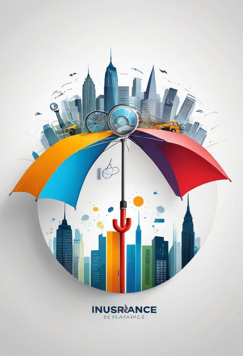 A collage of various insurance symbols like a shield, umbrella, and a family, set against a backdrop of a vibrant city skyline. Add a magnifying glass highlighting the word 'Coverage' in bold letters, representing exploration of options. Incorporate elements like graphs and charts subtly in the background to signify insights. The overall tone should be professional yet inviting, perfect for readers seeking information on insurance. super-realistic. vibrant colors. white background.